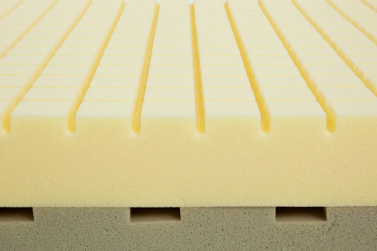 Close-up van een traagschuim matras met een geprofileerde toplaag en ventilatiekanalen in de laag eronder
